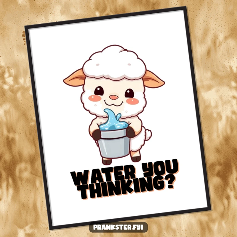 Funny Kawaii Sheep Poster: A sheep with a mischievous grin holds a bucket of water, ready for a playful splash of humor.