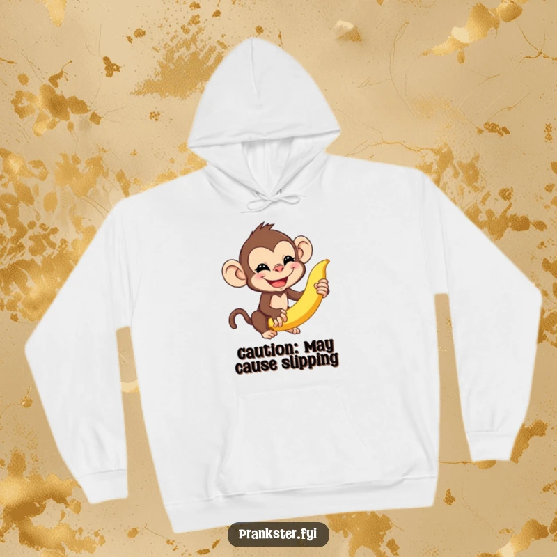 Funny monkey hoodie featuring a mischievous monkey about to flick a banana peel, symbolizing playful fun and a cheeky attitude.