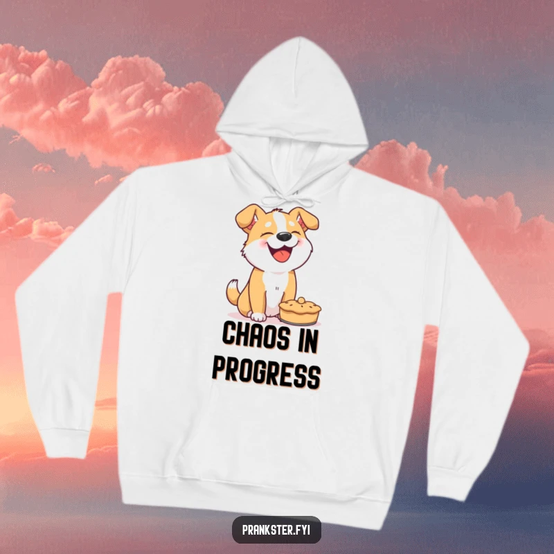 Funny dog hoodie, giggling dog about to launch a pie, cozy and humorous apparel, perfect for a funny gift.