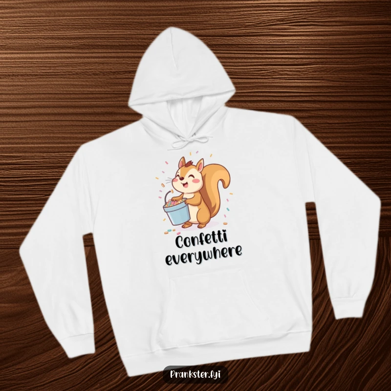 Funny squirrel hoodie with a playful character holding a bucket of confetti, ready to toss it upwards.