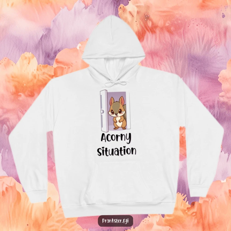 Funny hoodie depicting a sneaky squirrel peeking through a gap in a door, suggesting watchful curiosity.