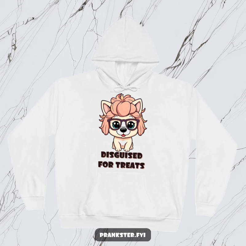 Funny hoodie depicting a playful dog character in a silly wig and oversized spectacles, looking hilariously incognito.