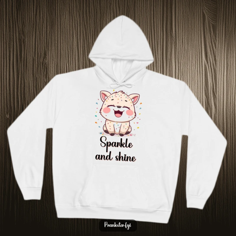 Funny hoodie with a laughing animal character covered in confetti, eyes sparkling with mischief, perfect for festive occasions.
