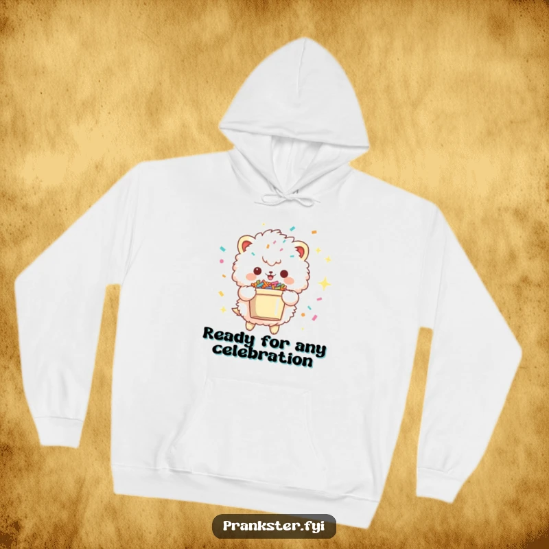 Funny hoodie with a fluffy creature, mischievous sparkle, holding a bucket full of confetti, perfect for cozying up during festive celebrations.