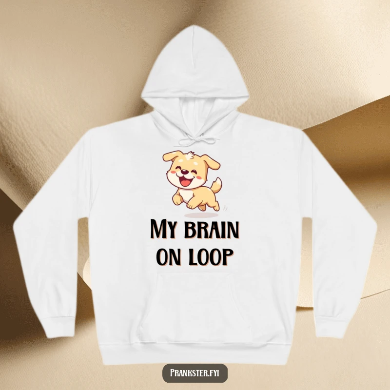Funny hoodie featuring a cartoon dog caught in a dizzy, playful chase after its own tail, ultra soft.