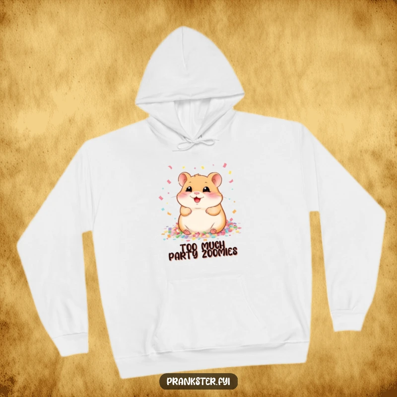 Funny Hoodie displaying a happy, giggling hamster showered in confetti, representing pure, unadulterated fun and warmth.