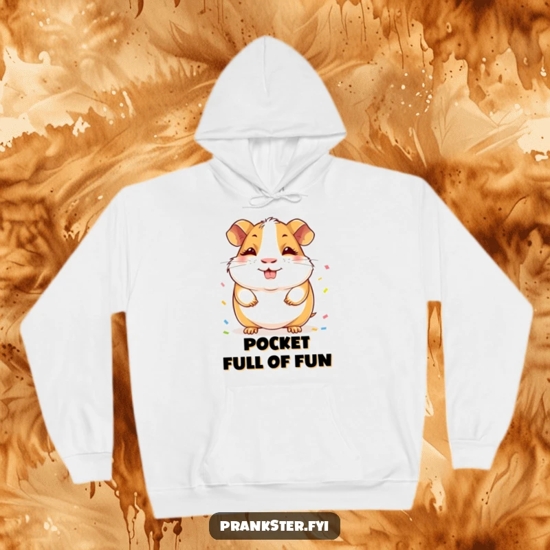 Funny Guinea Pig Hoodie: A cheerful guinea pig with a sly grin, cleverly concealing a burst of confetti behind its back.