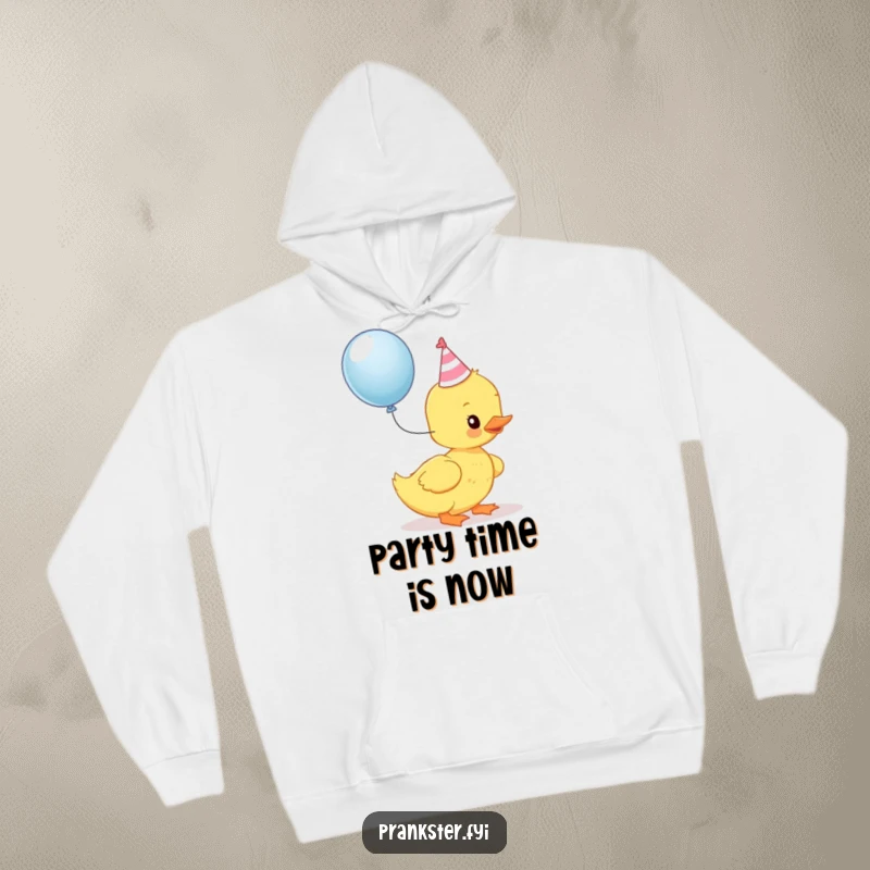 Funny Kawaii Duckling Hoodie: A duckling wearing a party hat is about to pop a balloon, bringing cozy humor.