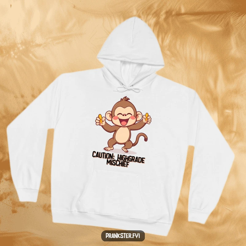 Funny Kawaii Monkey Hoodie gleefully throwing a banana peel, perfect for staying warm and spreading humorous vibes, great for pranksters.