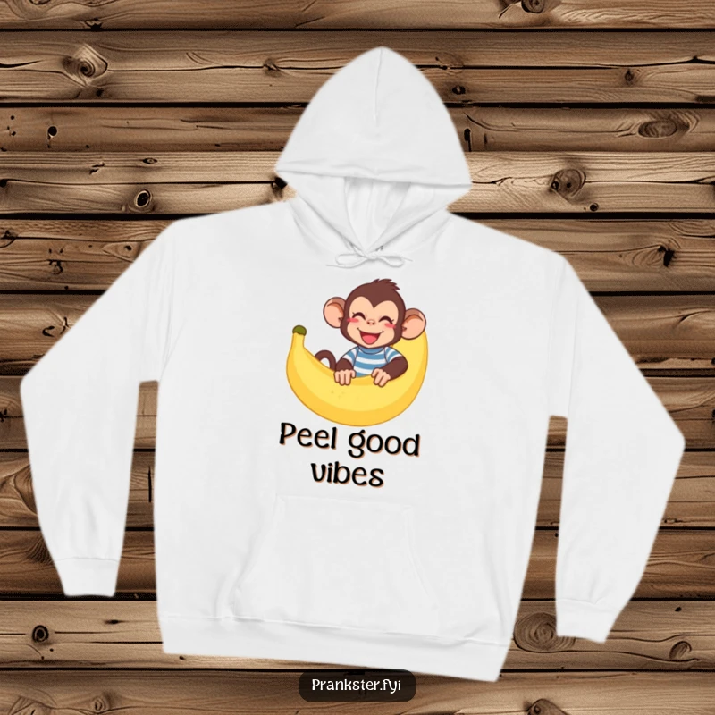 Funny monkey hoodie featuring a giggling monkey in a striped shirt hiding behind a large banana peel, warm and humorous.