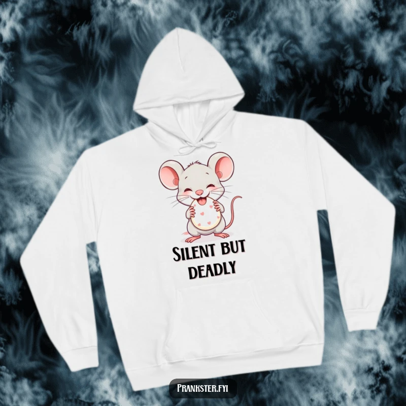 Funny Hoodie featuring a mischievous mouse holding a tiny whoopee cushion, combining warmth with a playful prankster vibe.
