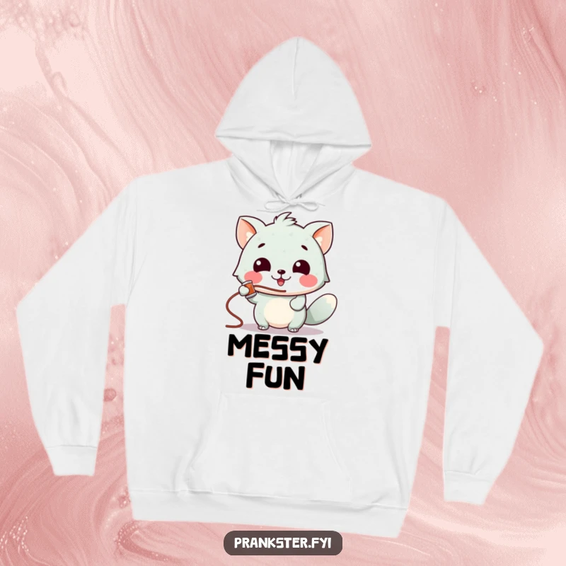 Funny hoodie with a gleeful animal character spraying silly string, embodying a spirit of playful celebration and joy.