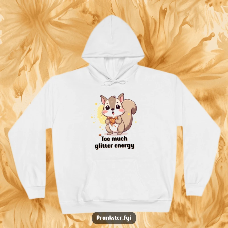 Funny squirrel hoodie depicting a surprised squirrel with nuts spilling, and a glitter explosion background. Cozy and fun.