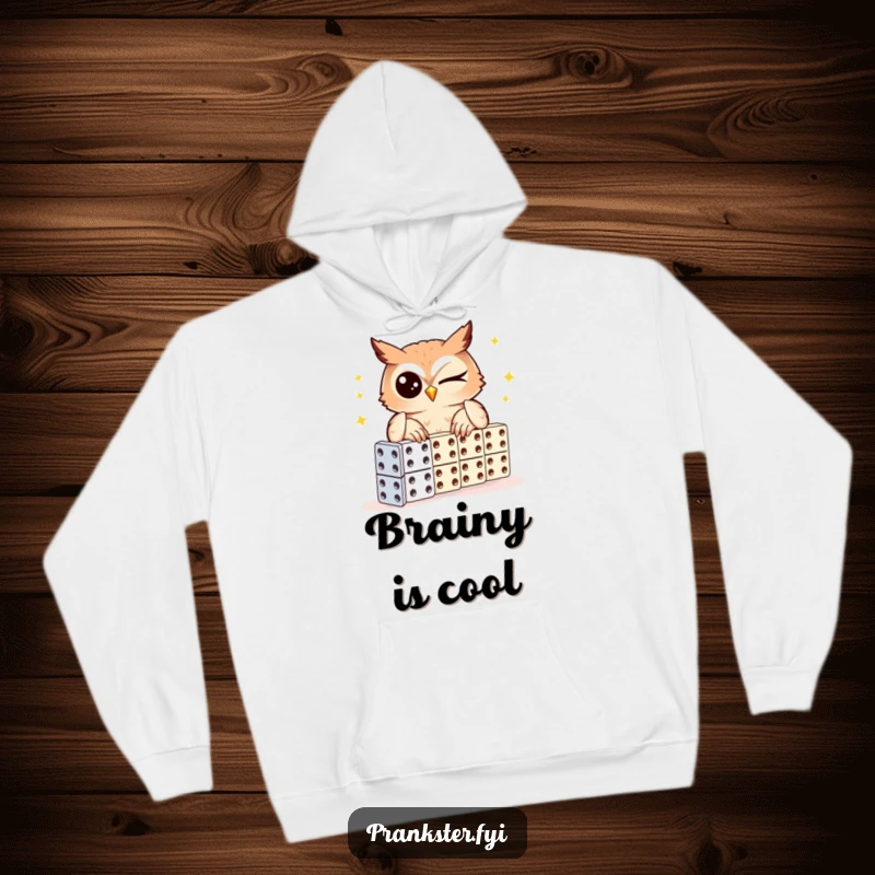 Funny owl hoodie, cozy sweatshirt with a winking owl setting up dominoes, ideal for a funny gift.