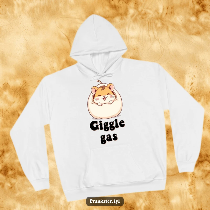 Funny hoodie with a giggling hamster character popping out of a whoopee cushion, offering warmth and hilarious prankster vibes.