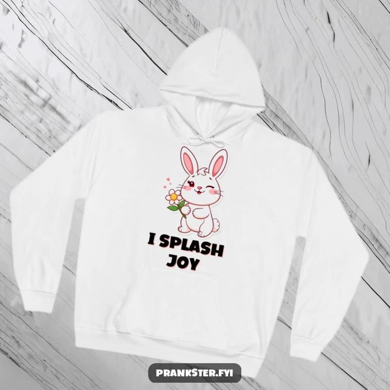 Funny hoodie featuring a cheerful bunny character winking mischievously, flower in hand, ready to squirt, symbolizing playful humor.