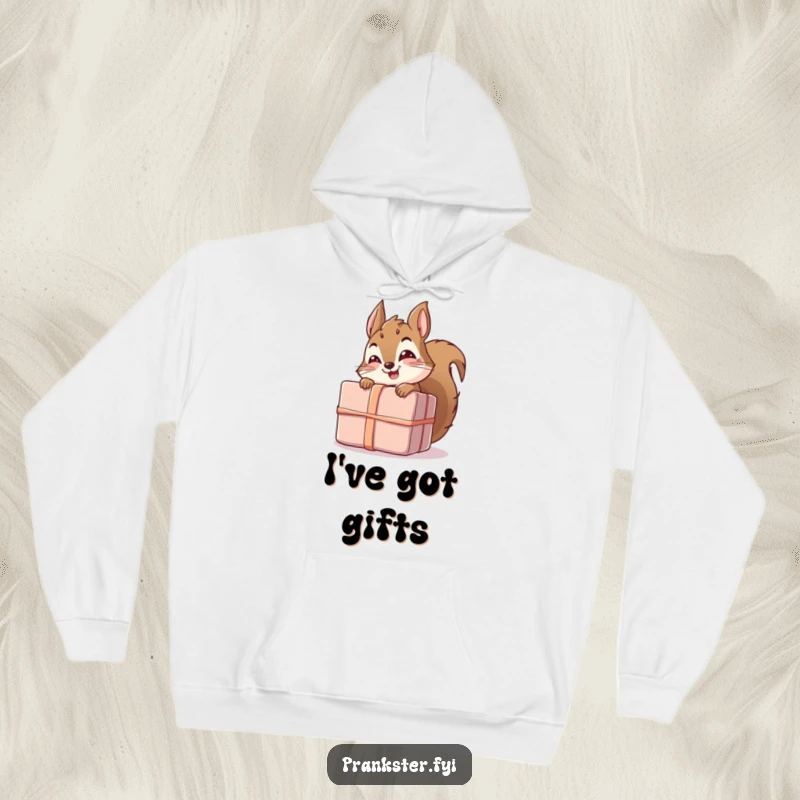 Funny hoodie depicting a giggling squirrel character concealing itself behind a large, unwrapped gift, radiating pure joy and humor.