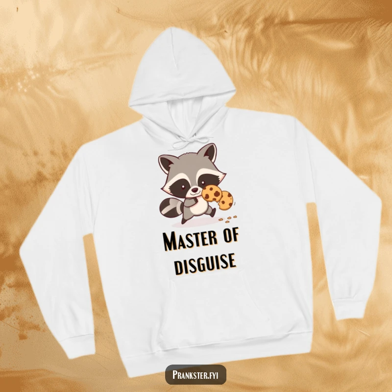 Funny hoodie with a sly cartoon raccoon caught in the act of stealing a cookie, leaving crumbs.