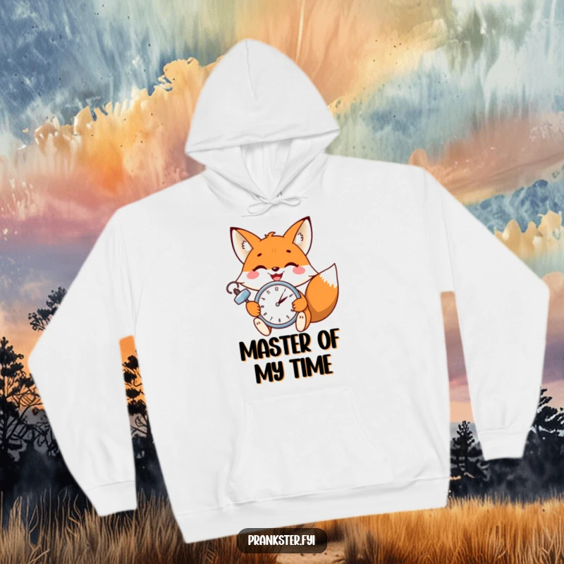 Funny hoodie with a smiling fox winking as it sets a tiny clock, capturing a moment of playful urgency and humor.