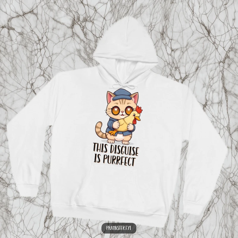 Funny hoodie featuring a cleverly disguised cat holding a rubber chicken with sparkling eyes, perfect for covert coziness.