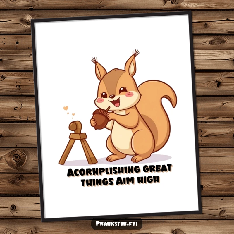 Funny Free Printable Wall Art: A gleeful squirrel launching a tiny acorn from a miniature slingshot, dynamic art.