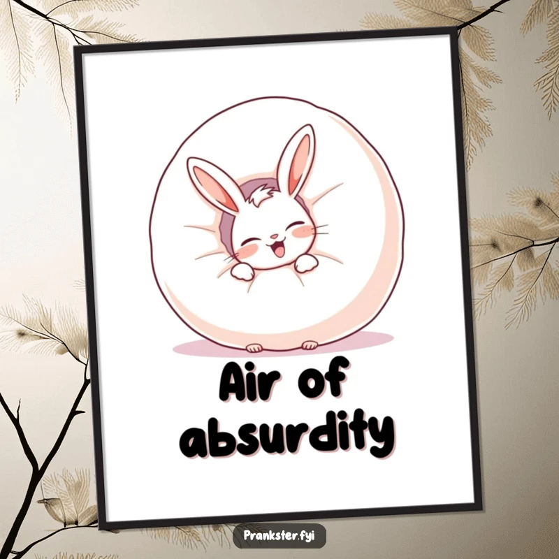 Funny free printable wall art of a giggling rabbit peeking out from behind a comically large, inflated whoopee cushion.