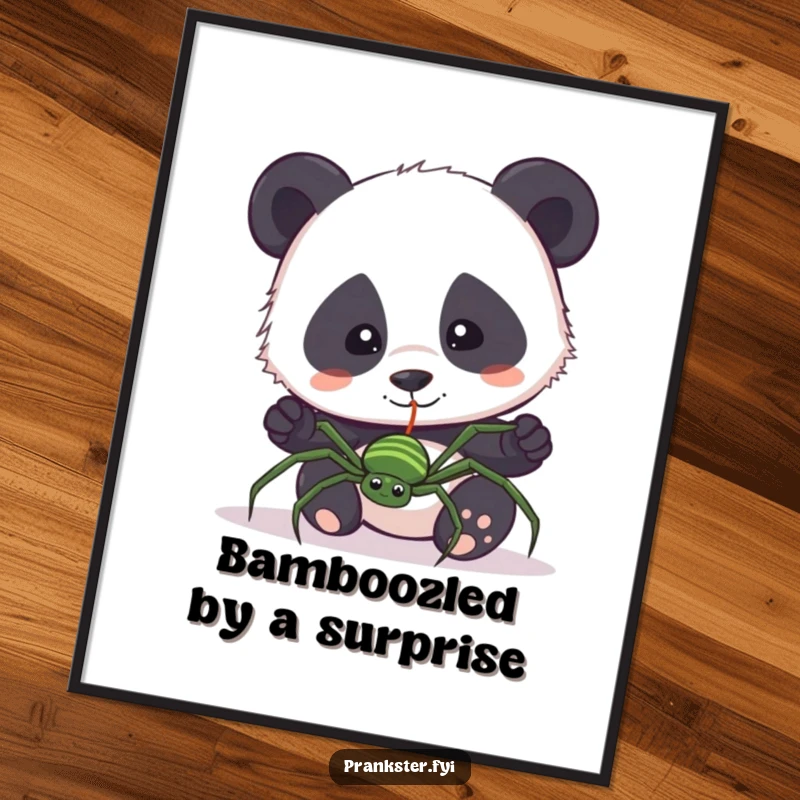 Funny Free Printable Wall Art: Curious panda startled by a fake spider dangling on a string, humorous downloadable decor.