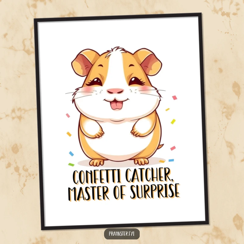 Funny Free Printable Wall Art: Cheerful guinea pig with a sly grin hiding confetti behind its back, a humorous decorative piece.