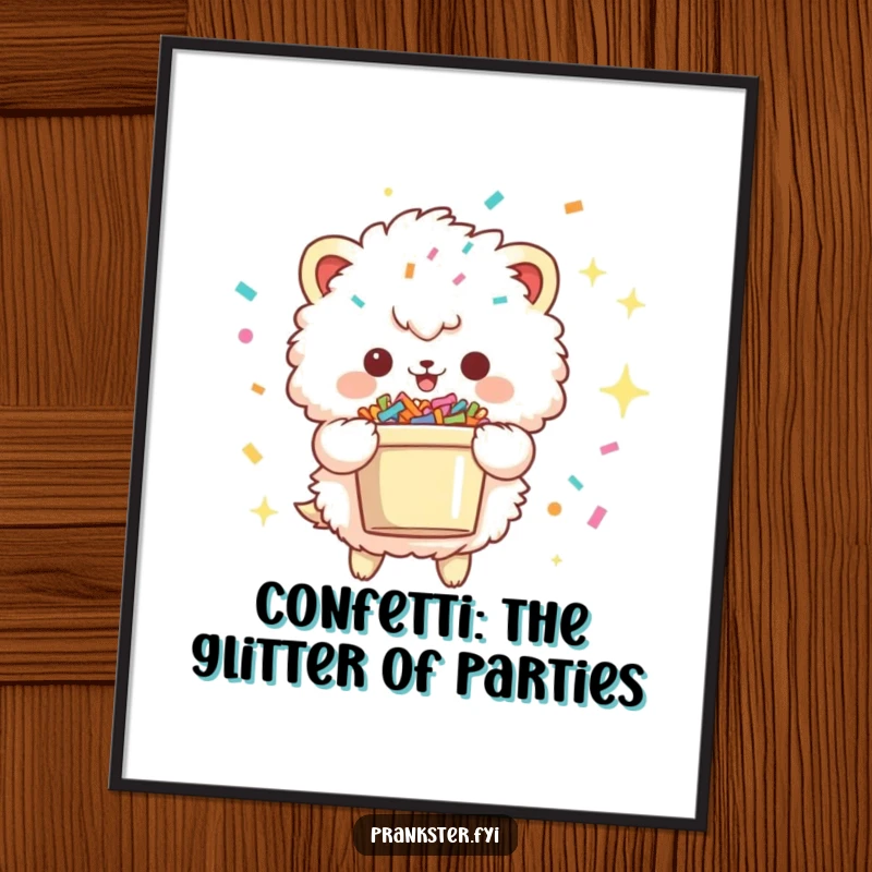 Funny Free Printable Wall Art: a charming fluffy creature holding a bucket overflowing with confetti, about to unleash a festive shower.