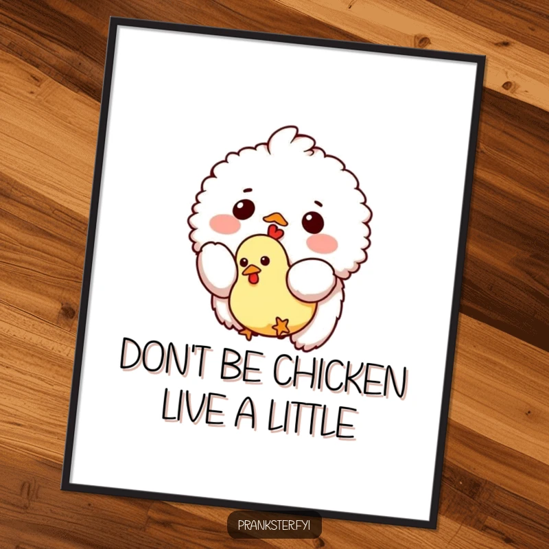 Funny Free Printable Wall Art: a small fluffy being suspended in air, gleefully letting go of a tiny rubber chicken.