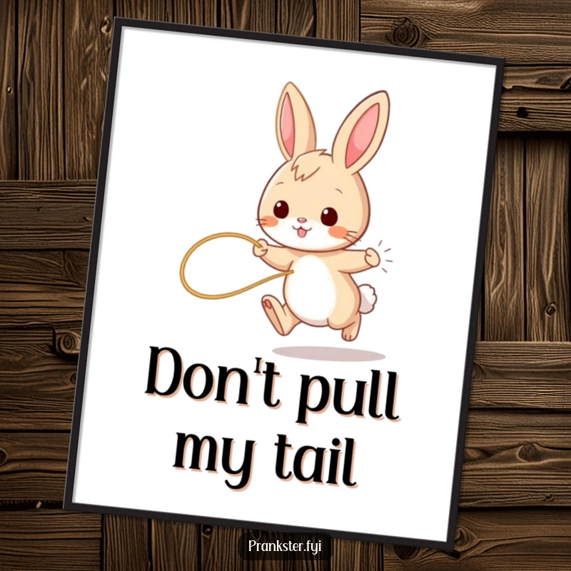 Funny Free Printable Wall Art: A playful bunny hopping with a string tied to its tail, suggesting a humorous situation.
