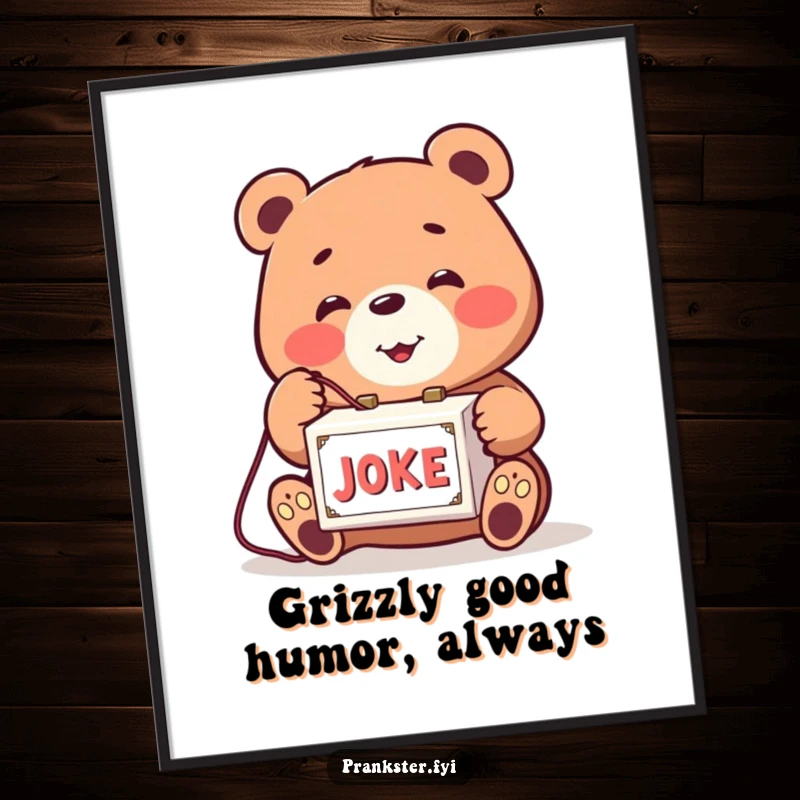 Funny Free Printable Wall Art: Smiling bear playfully tapping a string attached to a joke box, humorous downloadable decor.