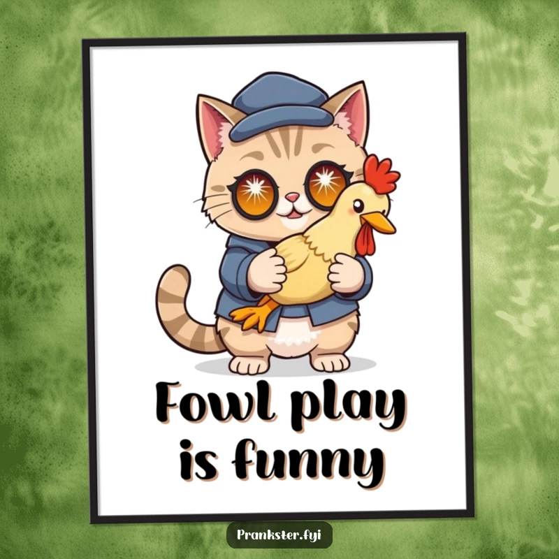 Funny free printable wall art of a cunning cat in a disguise, holding a rubber chicken with large, sparkling eyes.