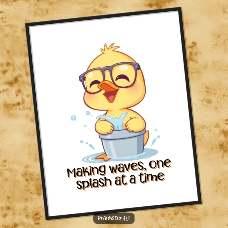Funny Free Printable Wall Art: A giggling duckling in oversized glasses holding a water bucket, ready to make a splash.