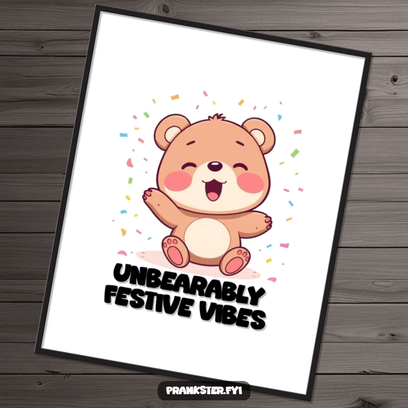 Funny Free Printable Wall Art: A delighted bear character gleefully tosses colorful confetti high into the air, celebrating joyfully.