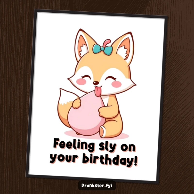 Funny Free Printable Wall Art of a kawaii fox sticking out its tongue, holding a whoopee cushion, a playful piece of downloadable art.