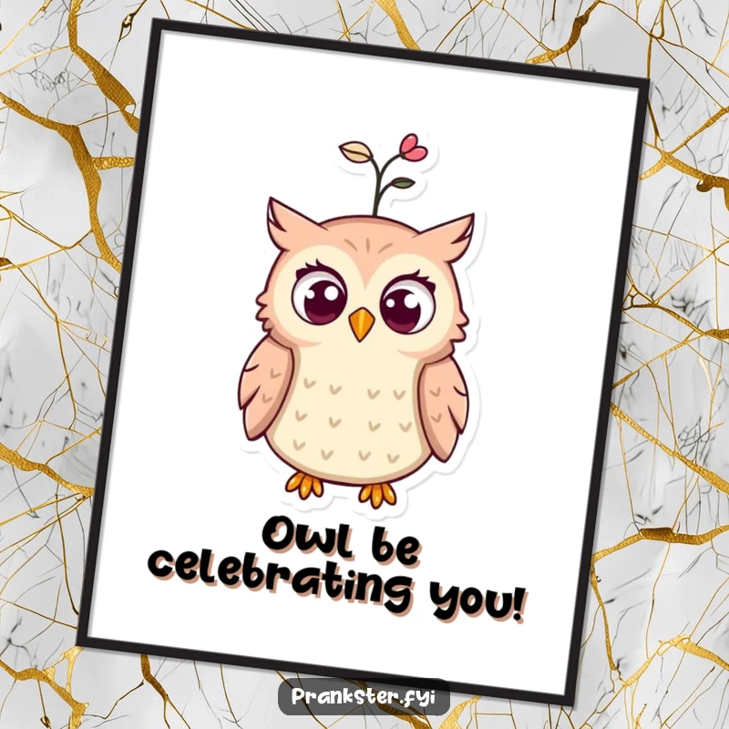 Funny Free Printable Wall Art: A whimsical owl with wide eyes and a spring hat popping off in surprise.