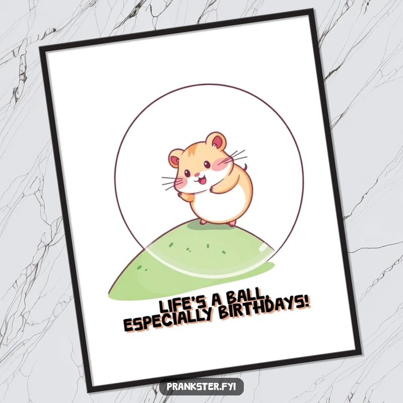 Funny Free Printable Wall Art of a kawaii hamster rolling down a hill in a giant plastic ball, a whimsical piece of art.