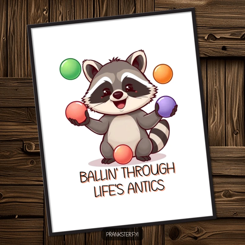 Hilarious Free Printable wall art of a talented raccoon masterfully juggling three vibrant balls, adding a touch of whimsical circus fun.