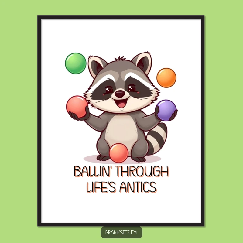 Free Printable Wall Art: Jolly Raccoon Juggler - Hilarious Circus Decor Download