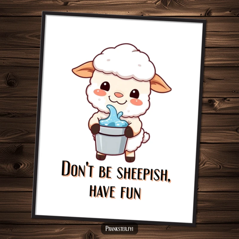 Funny Free Printable Wall Art: Kawaii sheep with a mischievous grin holding a bucket of water, ready for a playful prank. Downloadable art.