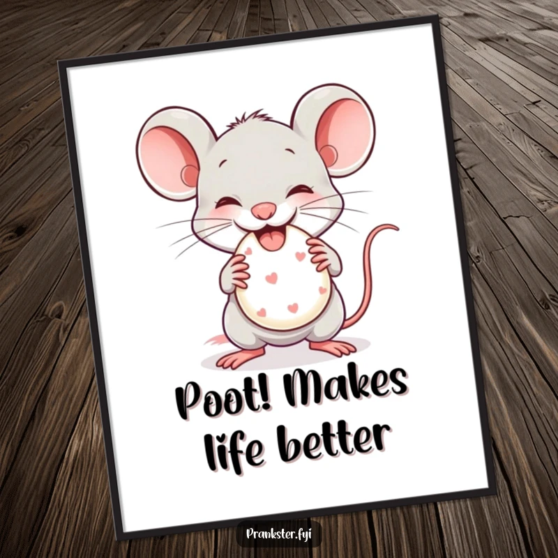 Hilarious Free Printable wall art of a mischievous mouse gleefully holding a tiny whoopee cushion, ready to unleash some silly fun.