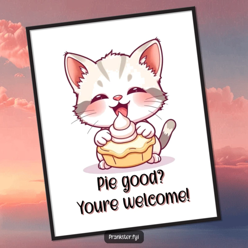 Funny Free Printable Wall Art: A giggling kitten playfully tossing a cream pie directly at the viewer, fun art.