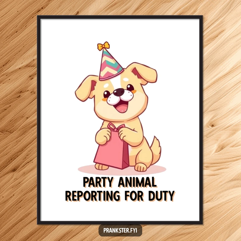 Funny Free Printable Wall Art: Dog in a party hat shaking a gift bag, exuding playful celebratory vibes.