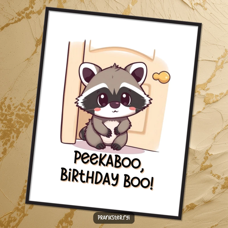 Funny Free Printable Wall Art of a kawaii raccoon hiding behind a door, sporting a playfully surprised expression, a fun piece of art.