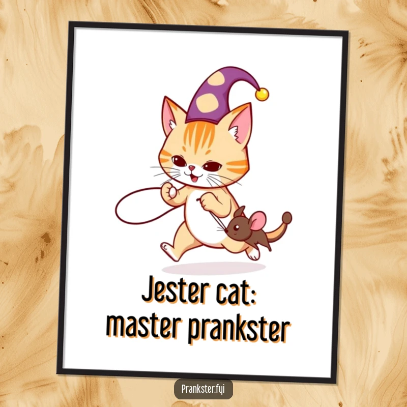 Funny Free Printable Wall Art: Mischievous cat in a jester hat playfully tripping a running mouse with a string.