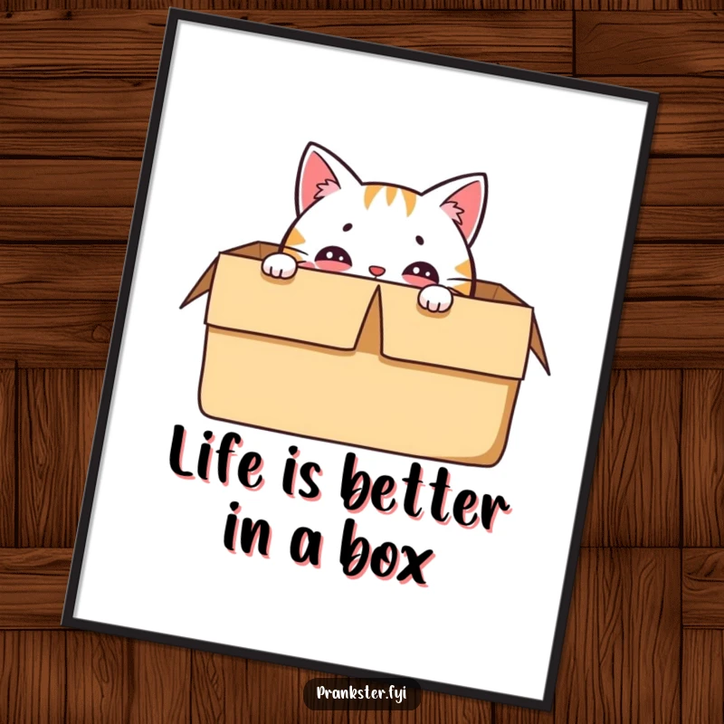 Funny Free Printable Wall Art: A delighted cat character is hidden inside a box, only its wide, curious eyes visible.