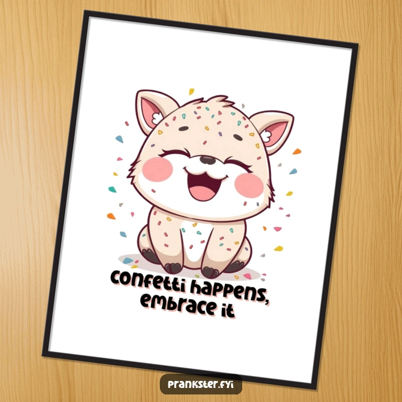 Funny Free Printable Wall Art of a laughing animal covered in confetti, with a mischievous sparkle in its eyes, radiating happiness.
