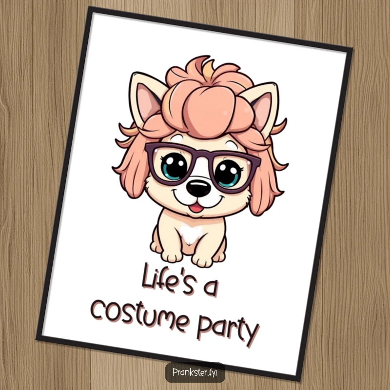 Funny Free Printable Wall Art: Playful dog sporting a silly wig and oversized glasses, humorous art.