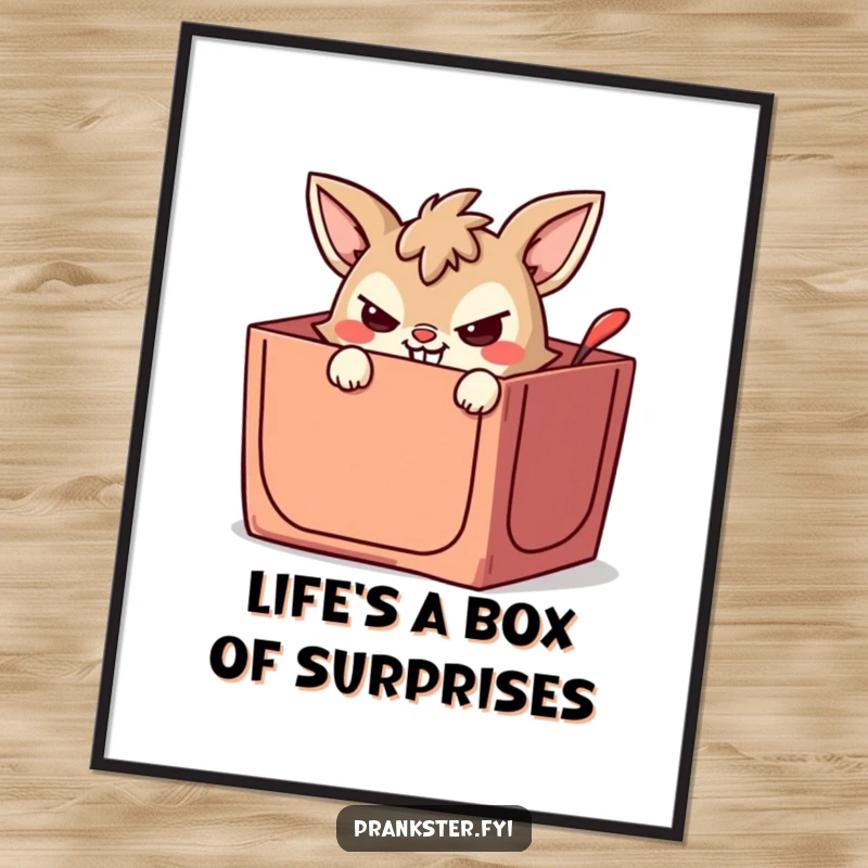 Funny Free Printable Wall Art of a mischievous animal with a wicked grin, popping out of a jack-in-the-box with playful energy.